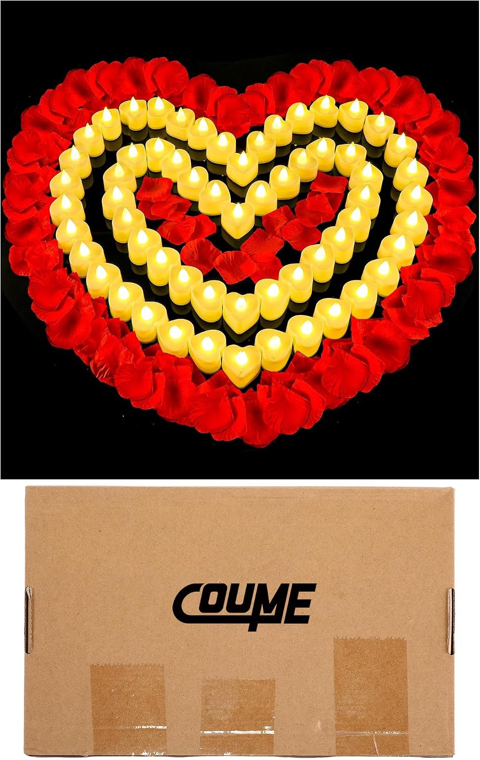 Coume 6000 Pieces Artificial Rose Petal 72 Pieces LED Tealights Candle, Romantic Decorations Special Night Rose Petal Heart Candle for Valentines Wedding Anniversary Proposal Decor(Warm White Light)