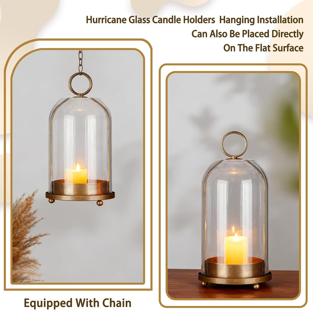 Large & Small Cloche Glass Dome Candle Holders - Glass Hurricane Candle Holder,Gold Candlestick & Lanterns Set of 2 Can Be Placed Desktop Hung,for Pillar Candles,Plants Decorative