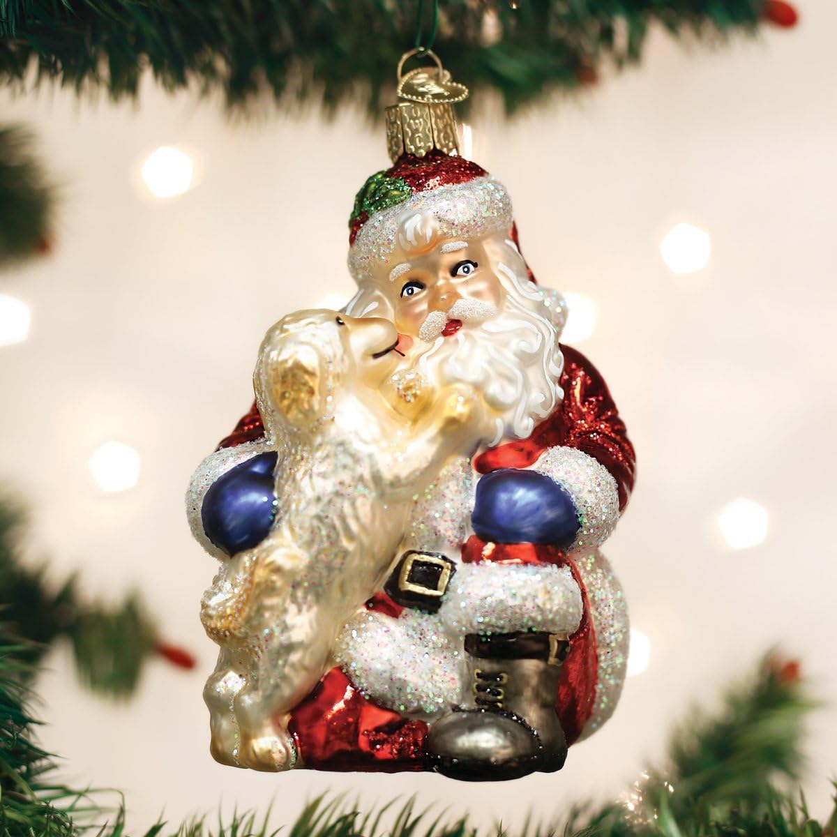 Old World Christmas Santa's Puppy Love Glass Blown Ornament for Christmas Tree, Handcrafted Holiday Decoration, Santa Collection