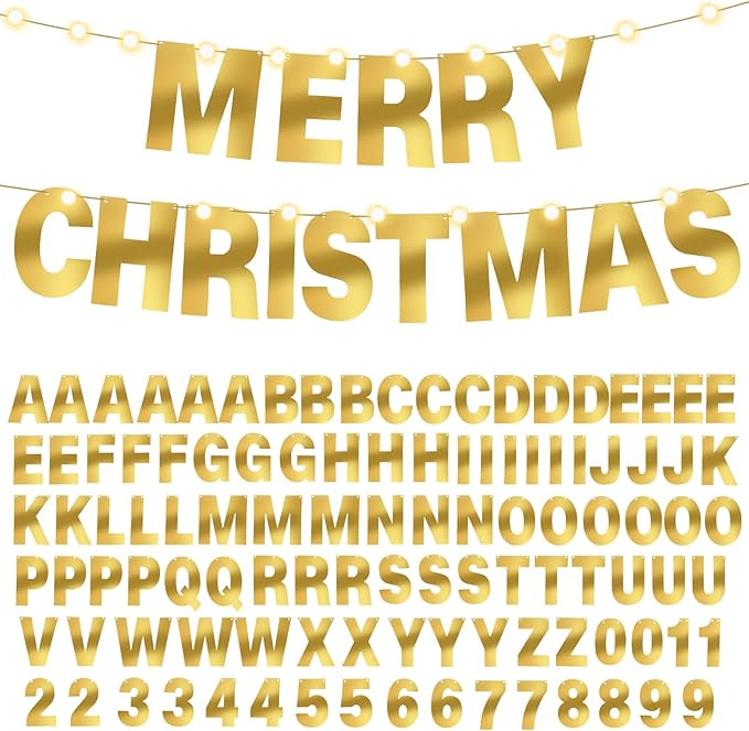 TaoBary 112 Pcs DIY Letter Kit Glitter Customizable Banner Letters Include 107 Letters and Numbers 3 Rope and 2 Needles for Birthday Halloween Christmas Wedding Valentine Party Decor(Bright Gold)