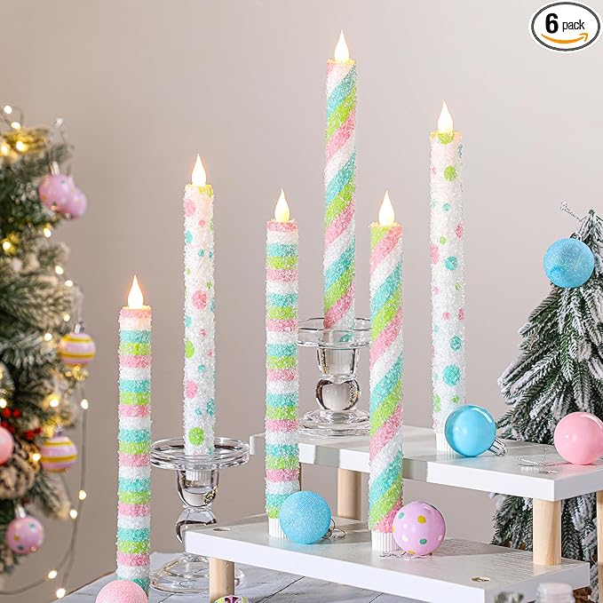 Baquler 6 Pcs Candy Theme Flameless Taper Candles 10.6 Inch Colorful Candy Strip and Polka Dots Candles Battery Operated LED Christmas Candlesticks for Xmas Centerpiece Holiday Party Home Decor