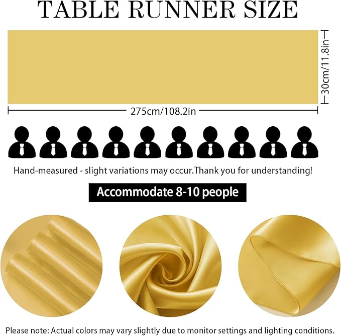 SHEJIZE 10 Pack Light Gold Satin Table Runner 12x108 Inches Long, Bright Silky Smooth Satin Table Runner Table Decor for Wedding Banquet Christmas Prom Event Birthday Party