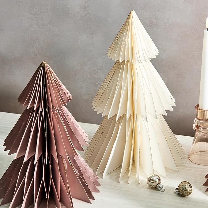 LampLust Pink Tree, 2 Pack Honeycomb Decorations, 6 & 8 Inch Paper Trees, Pink Decor, Winter Wonderland Decorations for Home Table Top Decor
