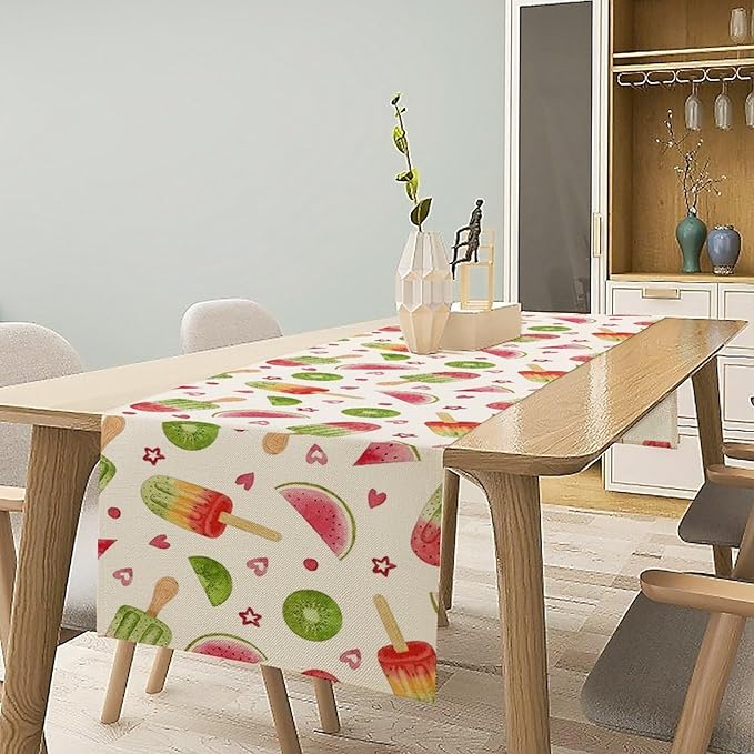 Summer Popsicles Table Runner, Colorful Watercolor Ice Cream Loves Heart Seasonal Dinner Runner for Party Holiday Home Kitchen Dining Table Decor 13"x120"