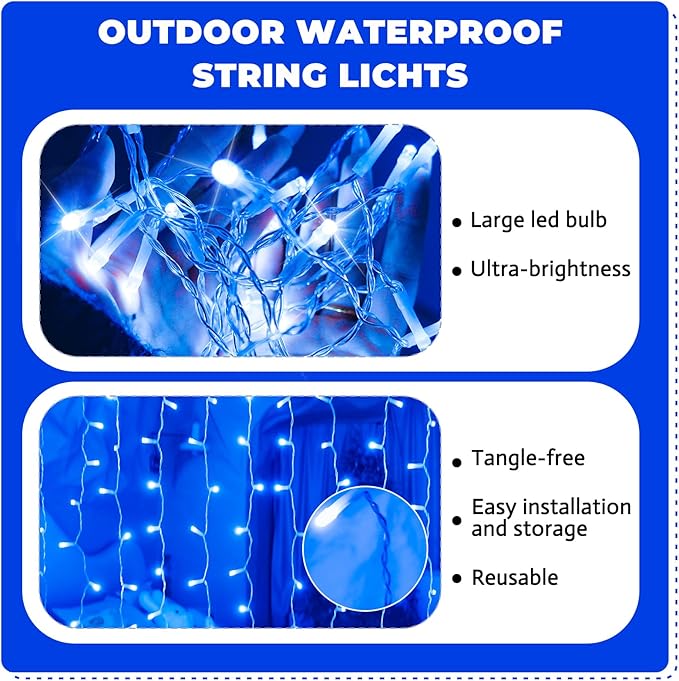 Curtain Light for Bedroom, 200LED 6.6x6.6ft Blue Window Wall Hanging Fairy Curtain String Light, 8 Modes Remote Fairy String Lights Indoor for Wedding Party Home Garden Decorations