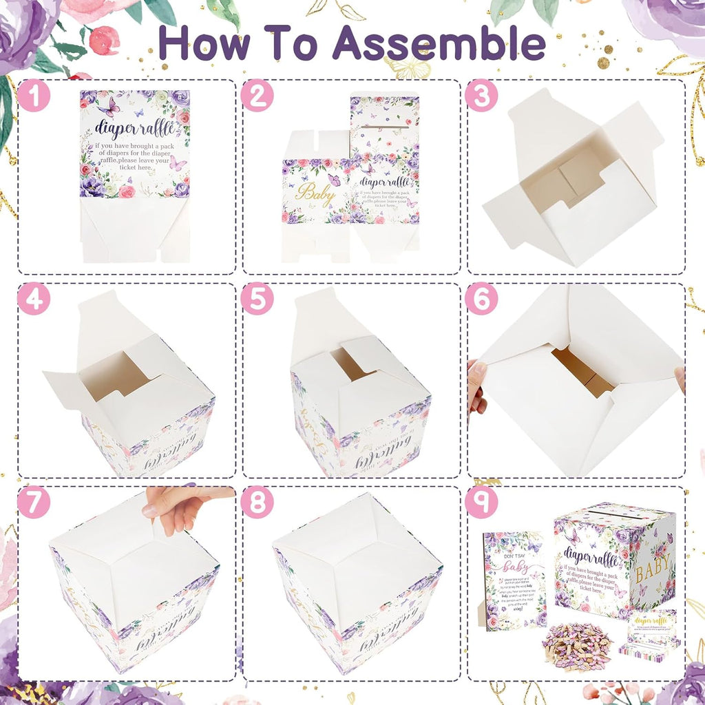 102 Pcs Butterfly Baby Shower Game Supplies Include 50 Diaper Raffle Tickets,1 Diaper Raffle Card Box,1 Don't Say Baby Sign and 50 Mini Butterfly Clothespins for Girls Gender Reveal Party Favors