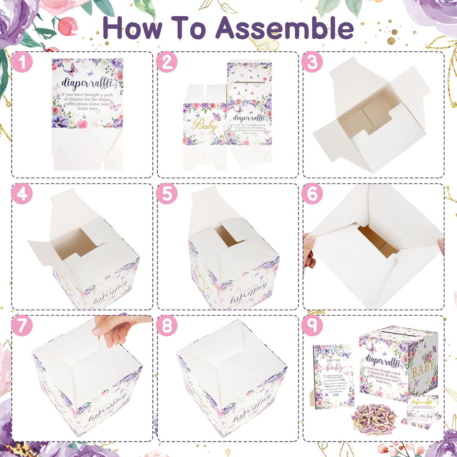 102 Pcs Butterfly Baby Shower Game Supplies Include 50 Diaper Raffle Tickets,1 Diaper Raffle Card Box,1 Don't Say Baby Sign and 50 Mini Butterfly Clothespins for Girls Gender Reveal Party Favors