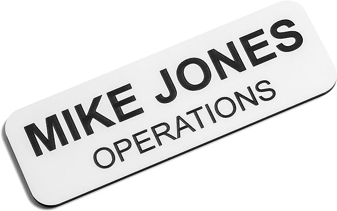 Custom Engraved Name Tag Badges – Personalized Identification with Pin or Magnetic Backing, 1 Inch x 3 Inches, White/Black