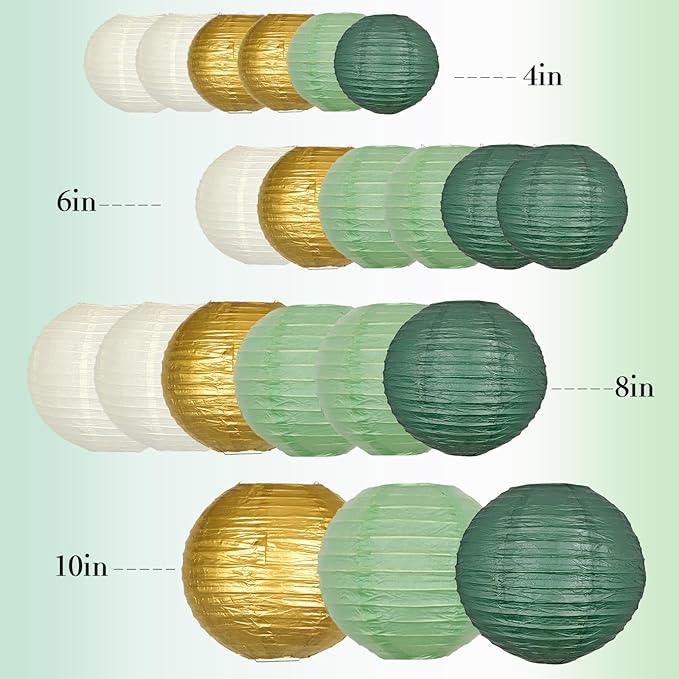 ADLKGG Sage Green Gold Paper Lanterns Decorative, Round Hanging Paper Lanterns for Graduation Wedding Bridal Shower Birthday Party Neutral Baby Shower Decorations, 21pcs