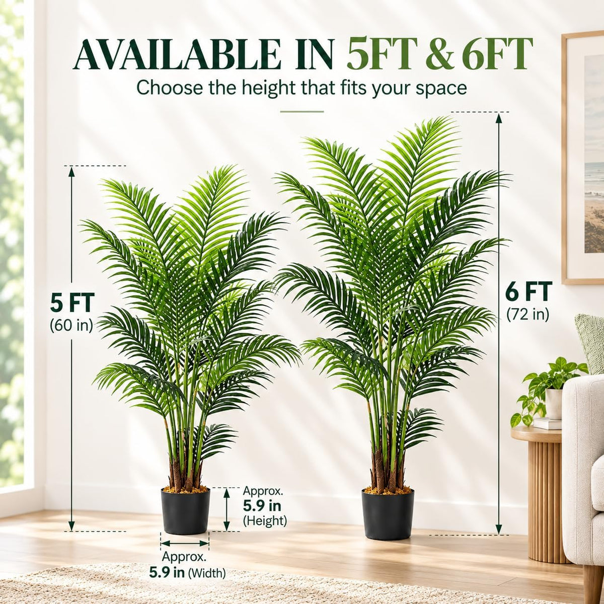 6ft Artificial Areca Palm Trees, 2 Pack, 19-Trunk Faux Plants