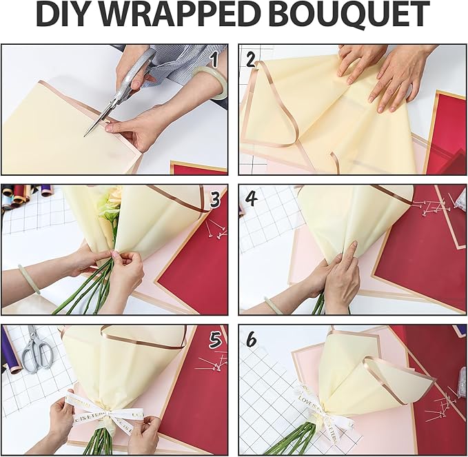 NESCCI 200 Sheets Flower Wrapping Paper - Waterproof Florist Bouquet Paper,70Ft Satin Ribbon, 36 Pcs 3D Butterflies 100 PCS Flower Pins for Wedding Birthday Gift DIY (10 Colors)