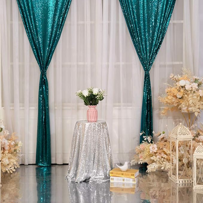 Poise3EHome 2Pcs 2Ft x 8Ft Teal Sequin Backdrop Curtains, Glitter Photography Background, Sequence Xmas Thanksgiving Backdrop for Wedding Party Holiday Festival Decor