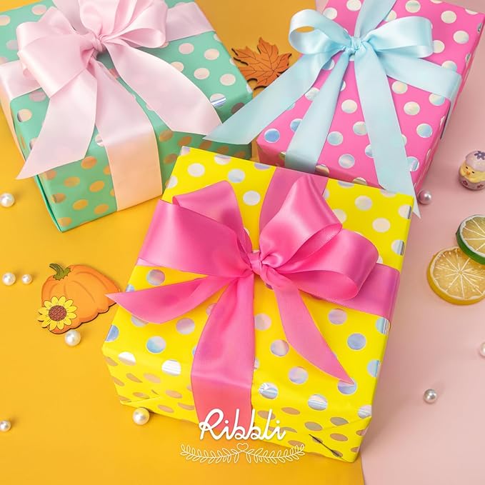 Ribbli Birthday Polka Dots Wrapping Paper Mini Roll, 3 Rolls Fluorescent Pink Aqua Yellow with Iridescent Foil Wrapping Paper for Kids Baby Shower - 17 inch x 120 inch(10feet) Per Roll