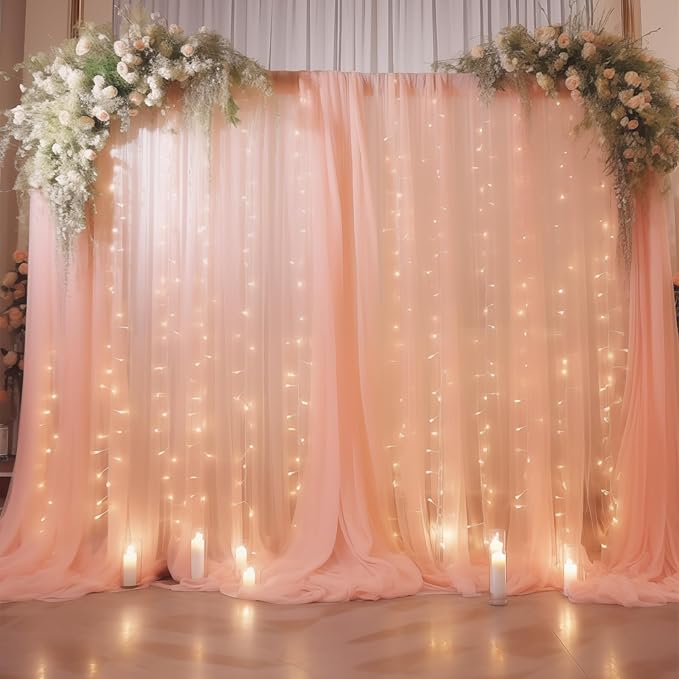 20×10ft Peach Tulle Backdrop Curtain with Lights String for Parties, Sheer Photo Curtain Backdrop Drapes for Wedding Party Photography Decorations