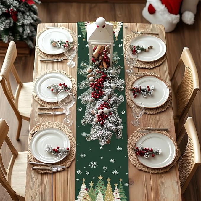 GEEORY Christmas Table Runner 13x48 Inch, Xmas Trees Snowflakes Holiday Decorative Farmhouse Table Decoration for Kitchen Dinning, Indoor Outdoor Dinner Party Decor (Green) GT152-48