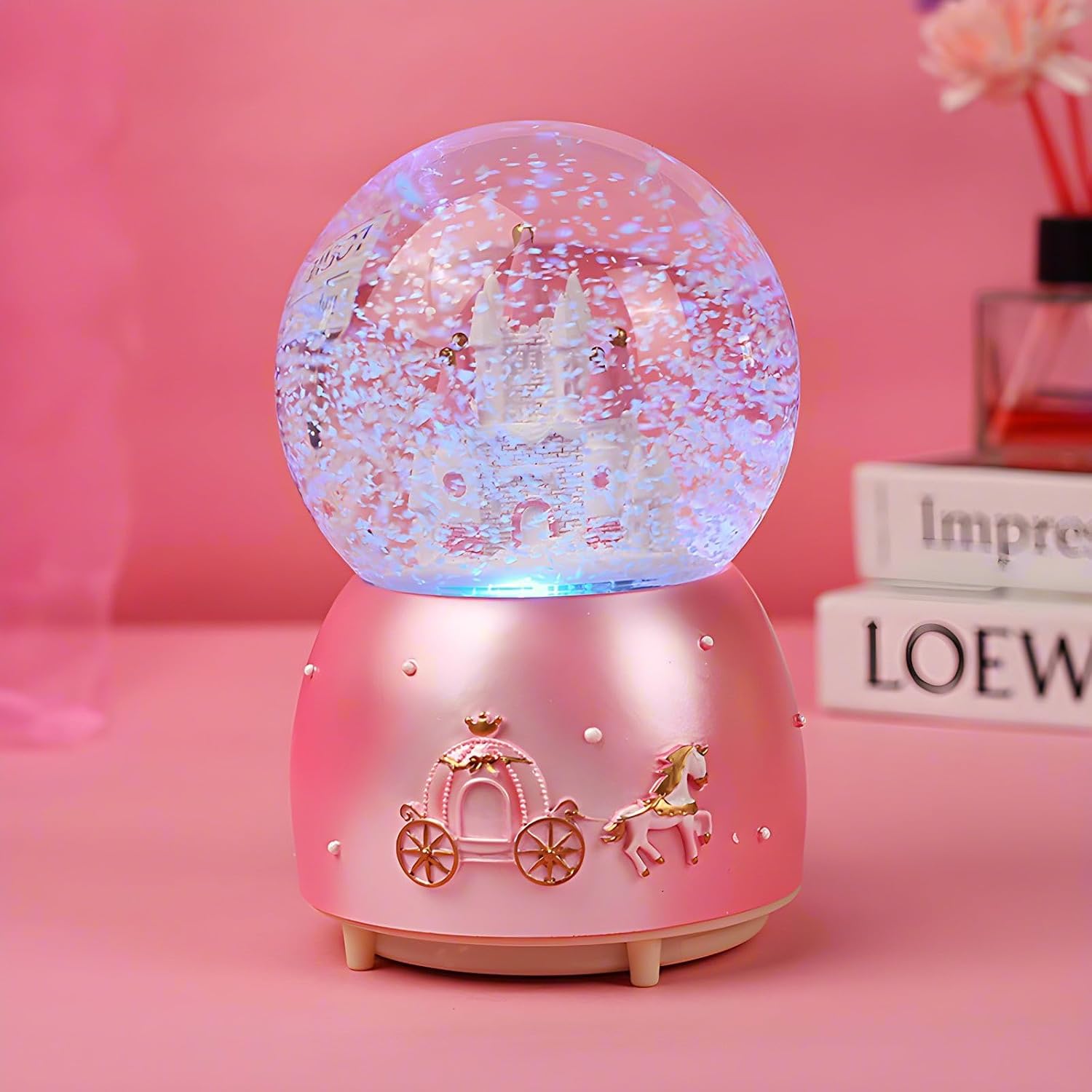 Snow Globes,Pink Castle Music Snowglobes with LED Lights,Automatic Snow Fall Effect,Home Decor for Kids Room Essentials Birthday Christmas Festival Gift for 5-16 Year Old Girls (Pink1)