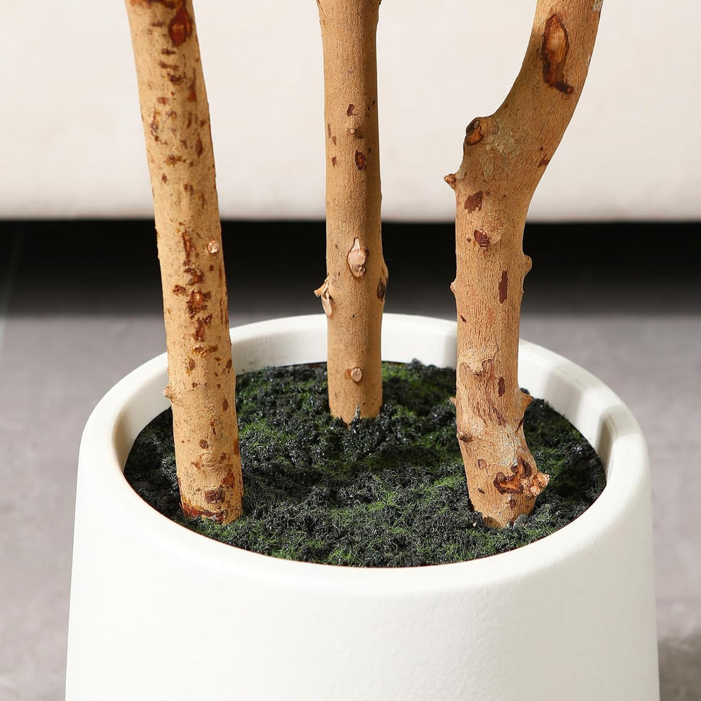 artificial fiddle leaf fig tree with white planter showing dimensions