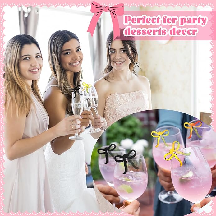 36 Pcs Bow Drink Markers Acrylic Drink Tags Bowknot Wine Glass Charms for Bachelorette Coquette Birthday Cocktail Wedding Decoration Bridal Shower Party Favors
