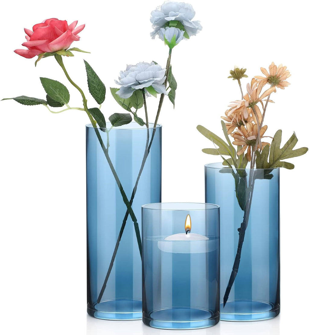 Set of 3 Blue Clear Hurricane Candle Holder Glass Cylinder Vases 6, 8, 10 Inches Height Hurricane Vases for Centerpieces Home Table Decor