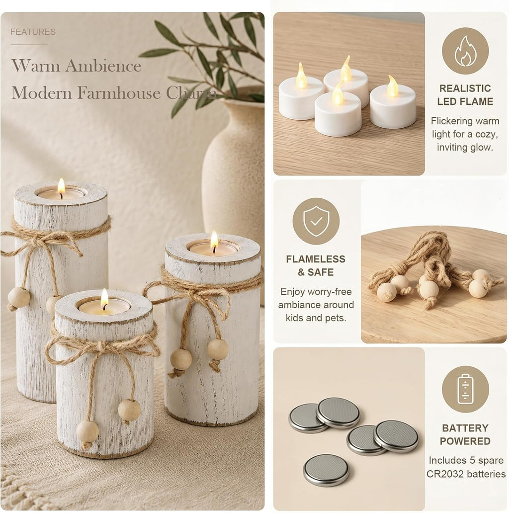 White Wooden Candle Holder with Flameless LED Candles Farmhouse Decor 3p | Farmhouse Centerpieces for Table 3-Pack With Battery Operated for Candles Holiday Party Home Decor