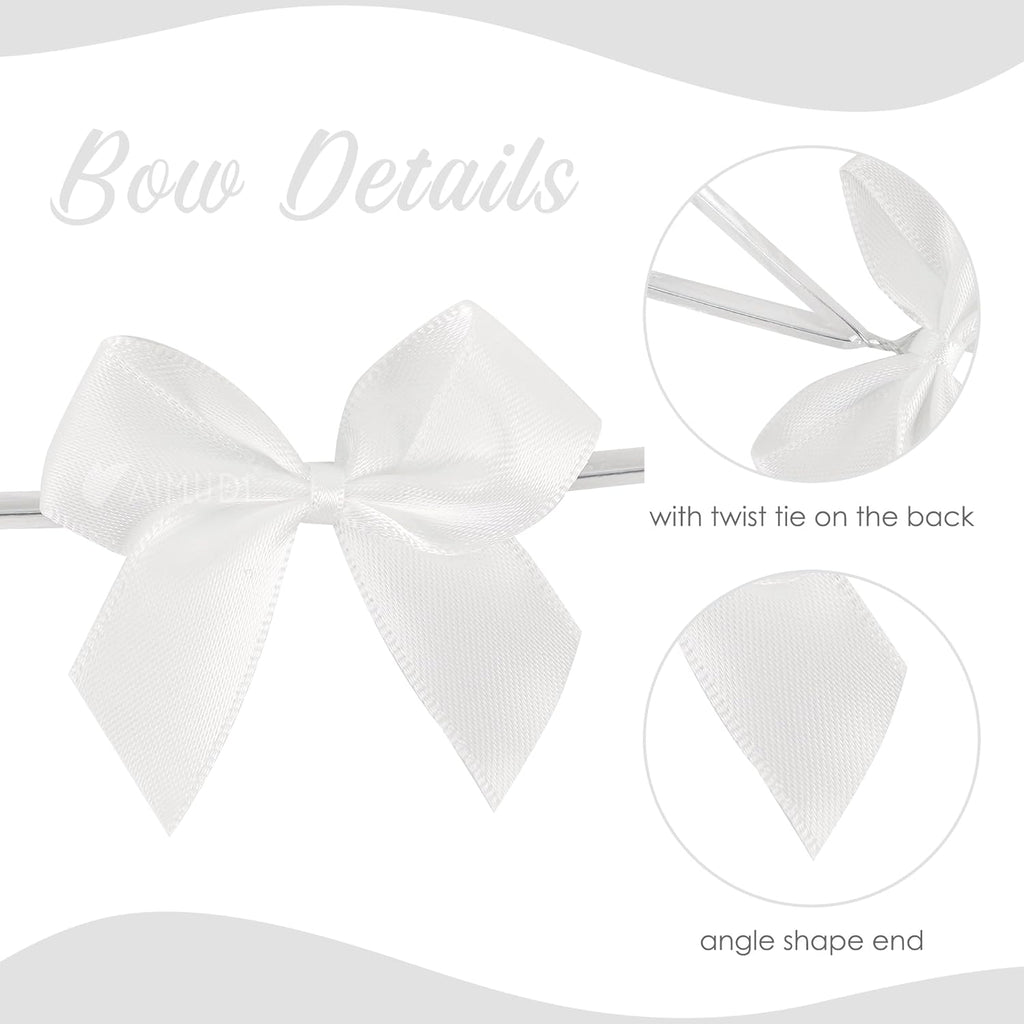 AIMUDI White Satin Bows 2" Satin Bow for Gift Wrapping Small Bows with Twist Ties Premade Ribbon Bow for Crafts Cake Pop Treat Bags Wedding Bridal Shower Birthday Party Decoration, 50 PCs