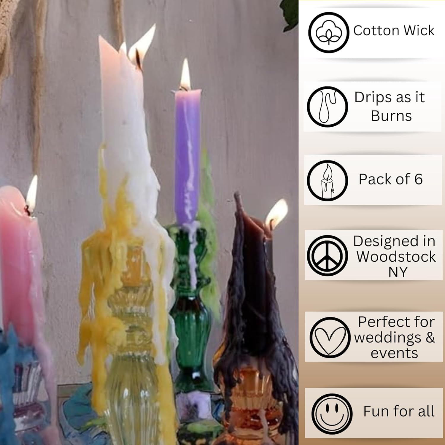 Candlestock Hippie Drippy Drip Candles - Pack of 6 Dripping Taper - Wine Bottle Melting Candles (Ivory)