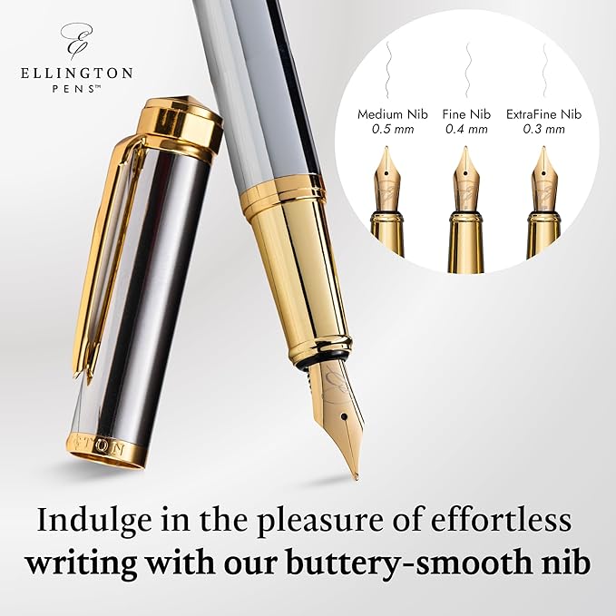 Ellington Pens Luxury Fountain Pen Set- Fountain Pens for Writing - Smooth Extra Fine Nib - Includes Refillable Ink Converter, 3 Ink Cartridges [Black & Blue], Gift Box - Elegant Calligraphy