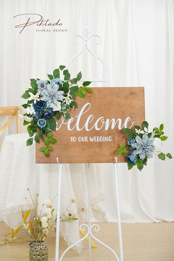 Wedding decor (pack of 2) Welcome Sign Flower Backdrop Garland For Ceremony Reception Wall Easel Home Decoration Entryway Faux Outdoor Board Head Table Decor (Dusty Blue & Navy)