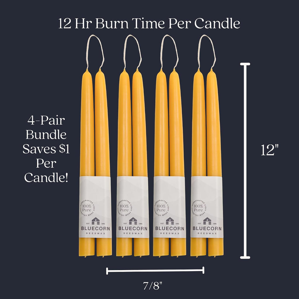 Bluecorn Beeswax Taper Candles, 100% Pure Natural Bees Wax, Pair of 12 Inch Yellow Tapered Candlesticks, Clean Burning & Dripless, Fragrance Free, Long Lasting, Home Decor, American Made, 8 Pack