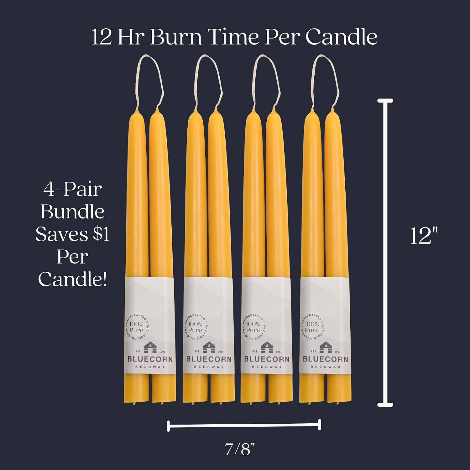 Bluecorn Beeswax Taper Candles, 100% Pure Natural Bees Wax, Pair of 12 Inch Yellow Tapered Candlesticks, Clean Burning & Dripless, Fragrance Free, Long Lasting, Home Decor, American Made, 8 Pack