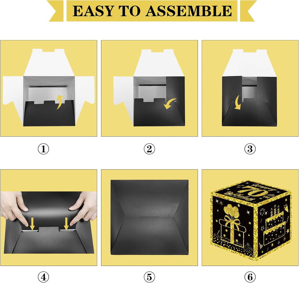 Eiurteao 3pcs 70th Birthday Decorations Boxes for Men Women, Black Gold Happy 70 Birthday Balloons Boxes Party Supplies, 70 Year Old Bday Theme Cardboard Box