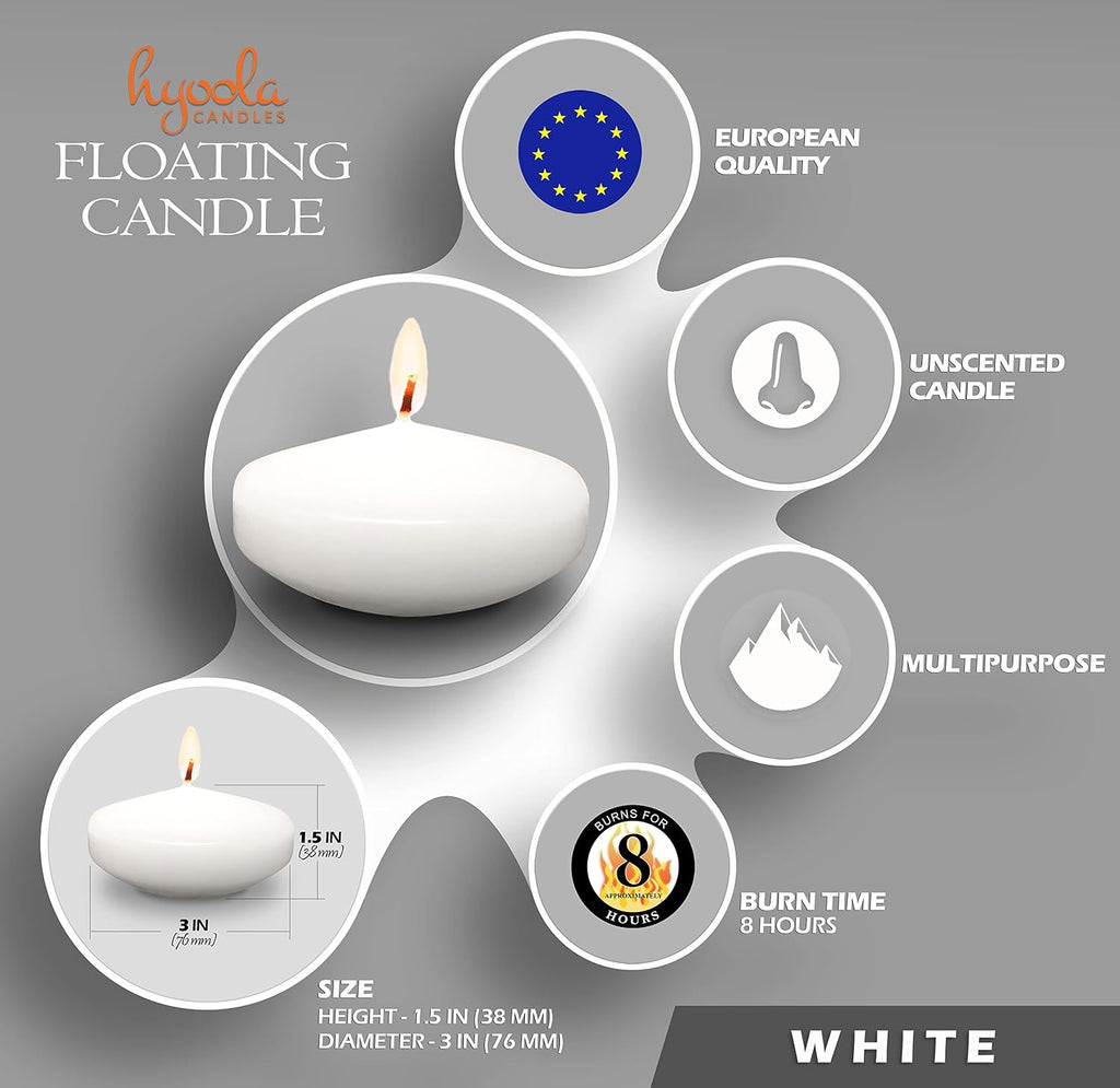 Hyoola Premium White Floating Candles 3 Inch - 8 Hour - 12 Pack - European Made