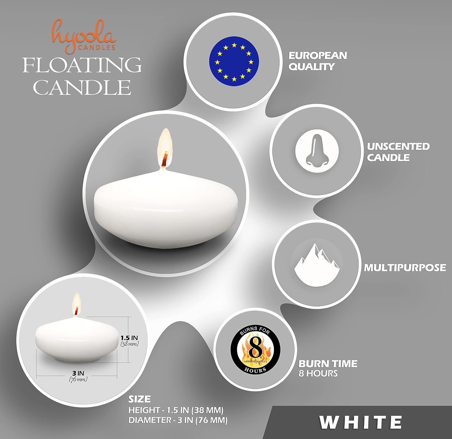 Hyoola Premium White Floating Candles 3 Inch - 8 Hour - 12 Pack - European Made