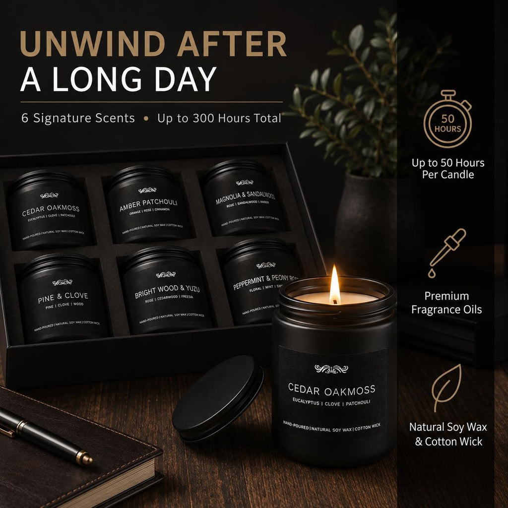 6 Pack Candles for Home Scented Aromatherapy Candles Gifts Set for Men, Men Candle Set, 42 oz 300 Hour Long Lasting Candles, Gifts for Mens Birthday Fathers Day Anniversary Present