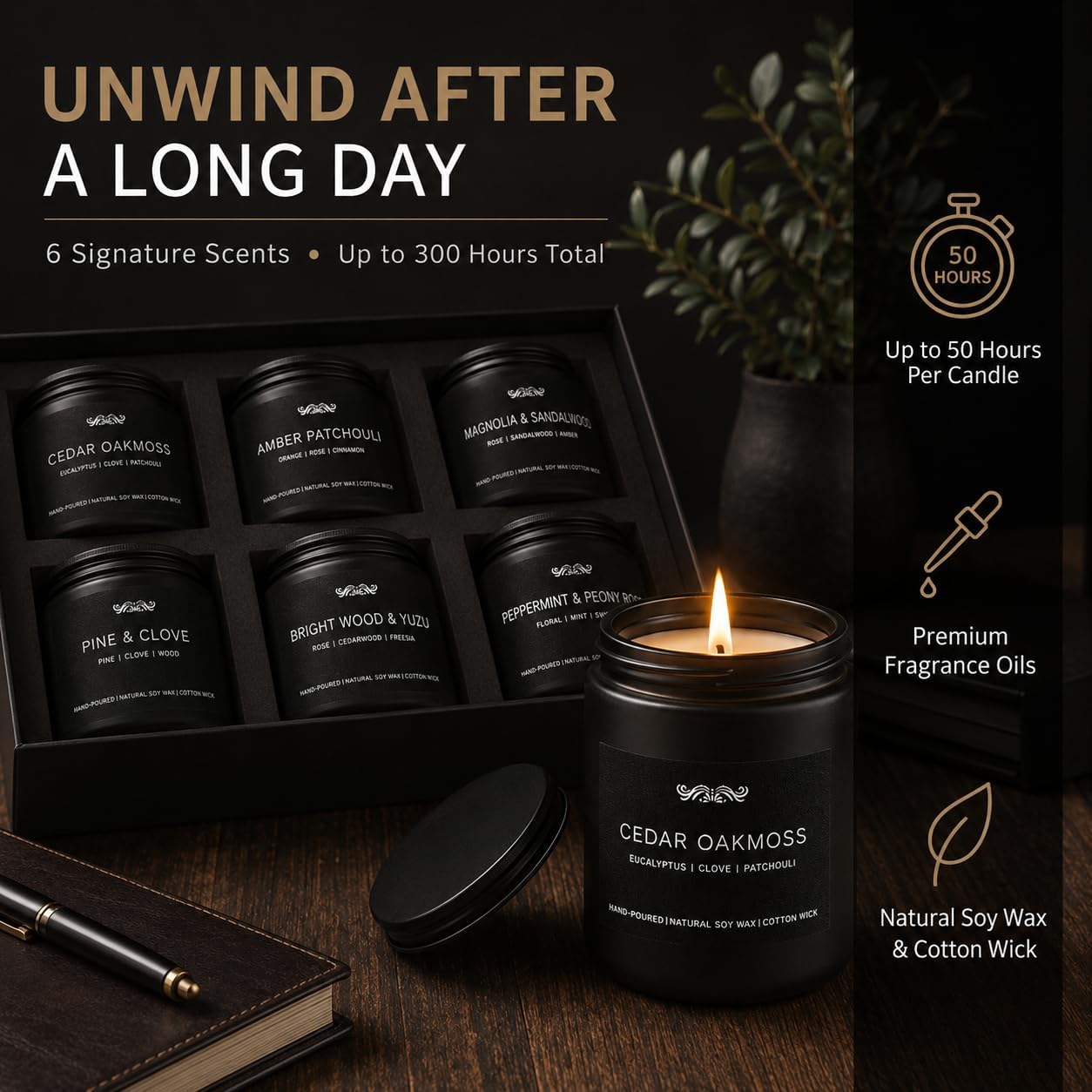 6 Pack Candles for Home Scented Aromatherapy Candles Gifts Set for Men, Men Candle Set, 42 oz 300 Hour Long Lasting Candles, Gifts for Mens Birthday Fathers Day Anniversary Present