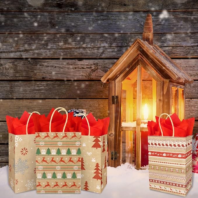 STPIYFZU Christmas Gift Bags, 25 Pack Small Christmas Gift Bags with Handles, Xmas Kraft Paper Bag Bulk with Tissue Paper, Xmas Holiday Present Bag (8.2" x 6" x 3.1")