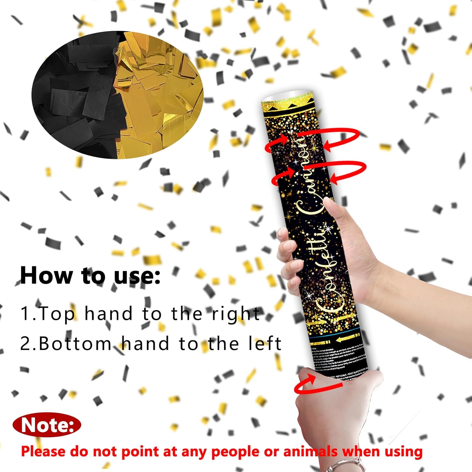 12" Black and Gold Confetti Cannon Party Poppers - 2 Pack | Birthday Graduation Wedding Retirement New Year Celebrations - Easy to Use