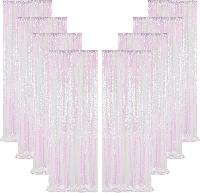 ShinyBeauty 8 Panels Iridescent White Sequin Backdrop | 2Ft x 8Ft Sparkly Photo Booth Background | Glitter Curtains for Baby Showers & Events | Durable & Elegant Shimmer Backdrop