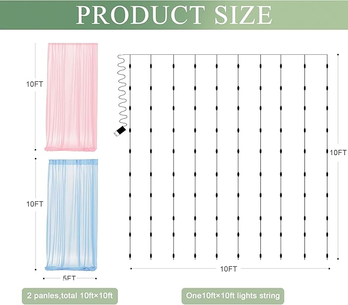 Tulle Backdrop Curtain with Lights String 10FT X 10FT Pink and Blue Sheer Tulle Backdrop Curtains for Wedding Birthday Party Reception Photo Booth Background Decorations (2 Panels 5x10FT)