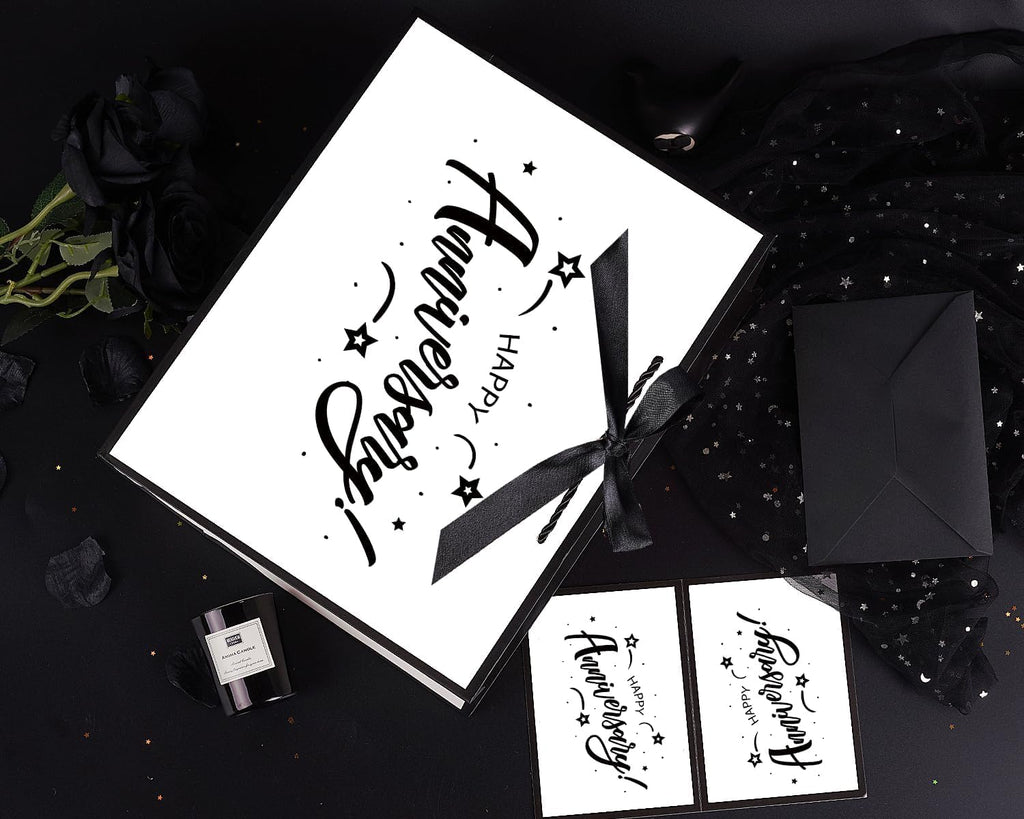JWSCYSY 15.7" White and Metallic Black Happy Anniversary Bag with Card, Gift Bag with Ribbon and Tissue Paper, Gift ideas for Anniversary Party, Wedding Party Supplies.