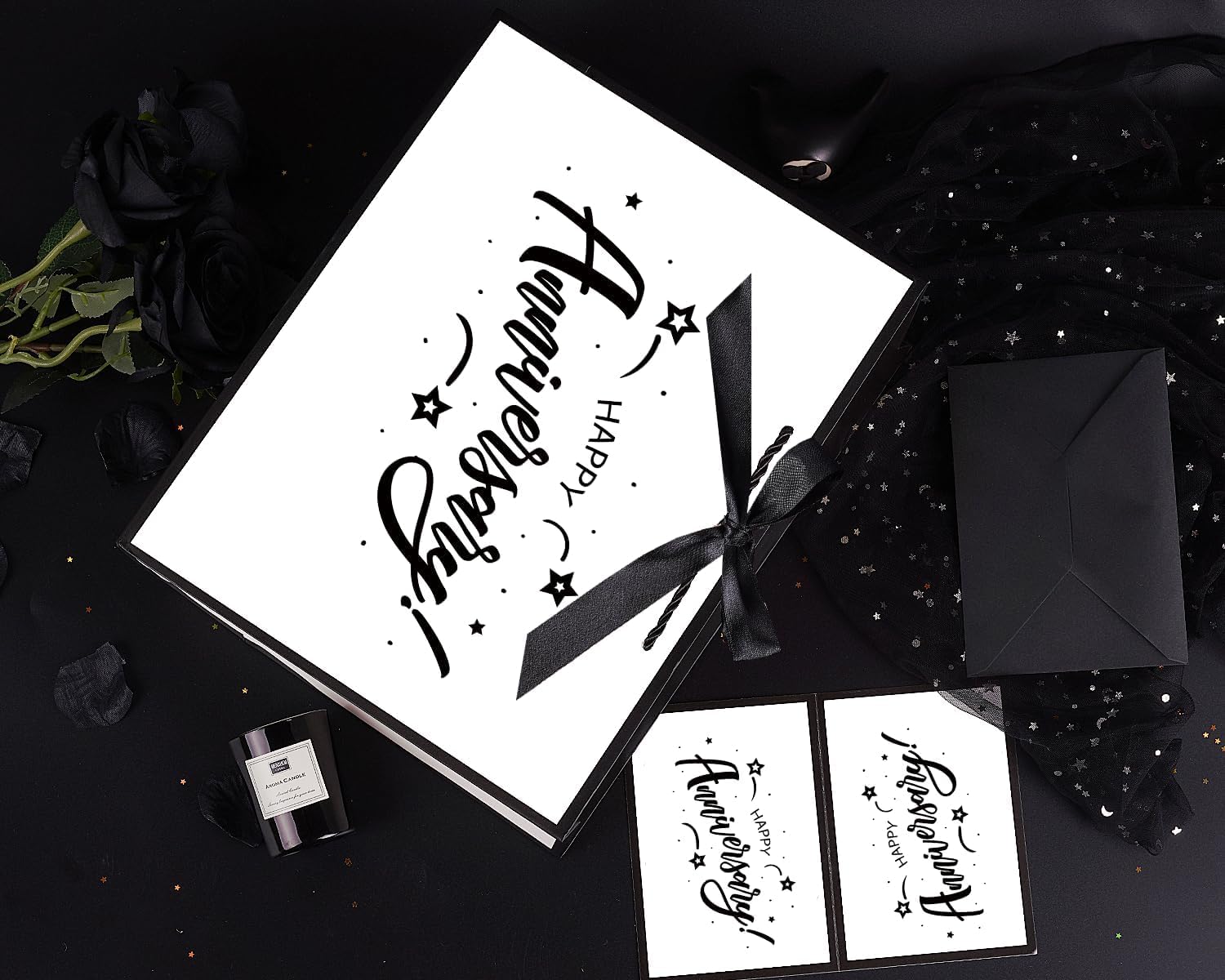 JWSCYSY 15.7" White and Metallic Black Happy Anniversary Bag with Card, Gift Bag with Ribbon and Tissue Paper, Gift ideas for Anniversary Party, Wedding Party Supplies.