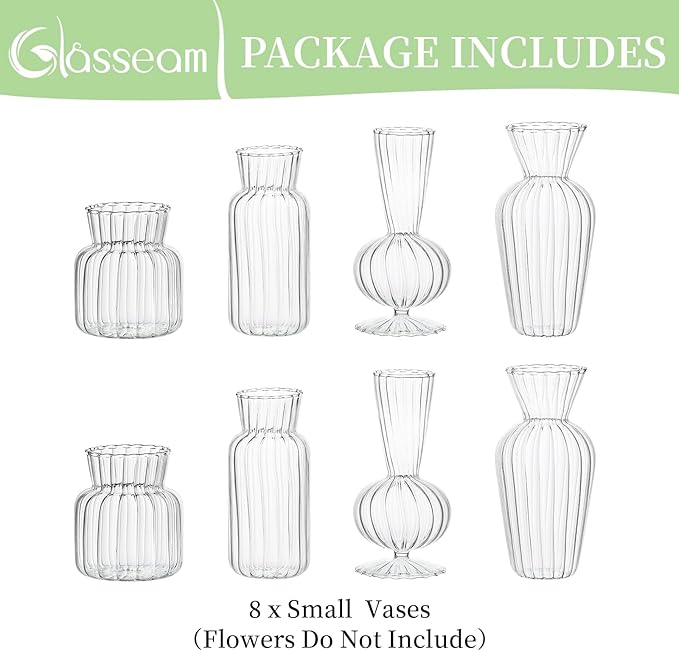 Modern Clear Glass Bud Vase Bulk Set: Glasseam 8Pcs Small Mini Flower Centerpieces Vases Handmade DecorativeCute Short Window Corner Home Decor for Wedding Reception Dining Table Single Rose