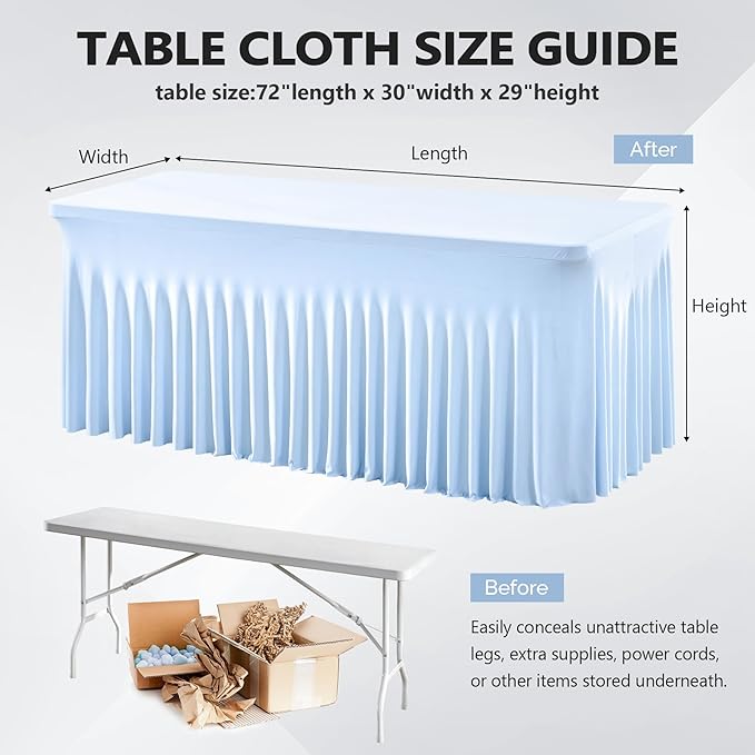 2 Pack Baby Blue Spandex Table Clothes for 6 Foot Rectangle Tables, 6FT Wrinkle Free Fitted Tablecloths Ruffles Design Table Cover for Party, Banquet, Wedding and Events