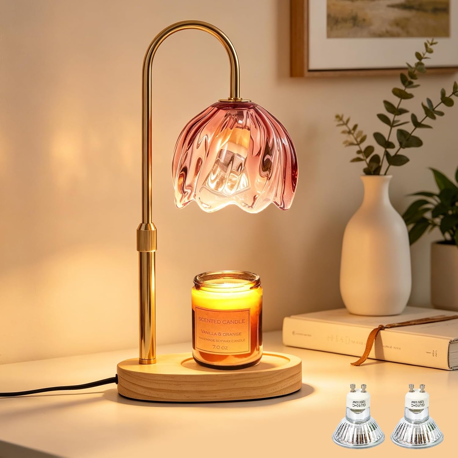Flower Candle Warmer Lamp with Timer, Dimmable Adjustable Height Wax Melts Warmer for Jar Candles, Birthday Gifts for Women Mom, House Warming Gifts New Home, Bedroom Living Room Decor (Rose Red)