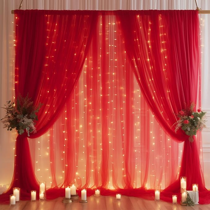 20×10ft Red Tulle Backdrop Curtain with Lights for Parties, Sheer Photo Backdrop Curtains for Wedding Party Photography Background