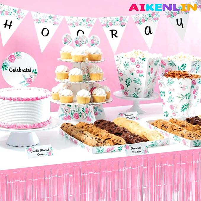 6 Pack 29x108 Inch Metallic Foil Fringe Tinsel Table Skirts Banner for Rectangle Tables Streamer Garland Curtains Backdrop for Birthday, Parade Floats, Valentine's Day Party Decoration(Macaron Pink)
