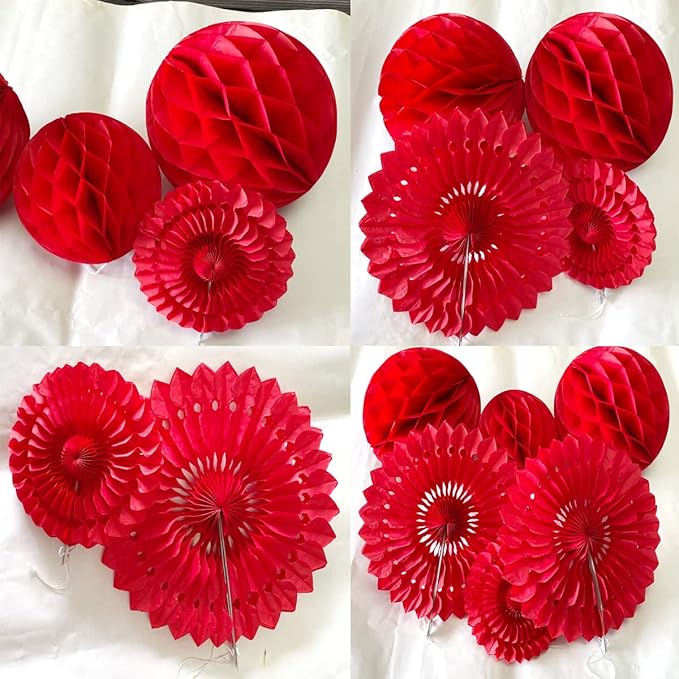 12pcs 6'' 8'' Red Honeycomb Balls Tissue Paper Fans Party Honeycomb Ball Fans Wall Decor Tissue Pom Poms Flower Balls Hanging Paper Fans for Party Baby Shower Birthday Wedding Nursery Decor(red kit)