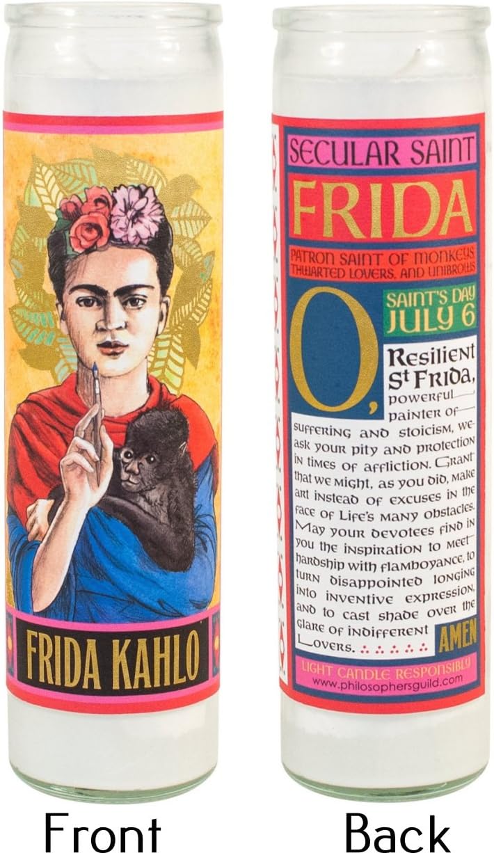 The Unemployed Philosophers Guild Frida Kahlo Secular Saint Candle - Unscented 8 Inch Tall Glass Prayer Votive, Made in the USA