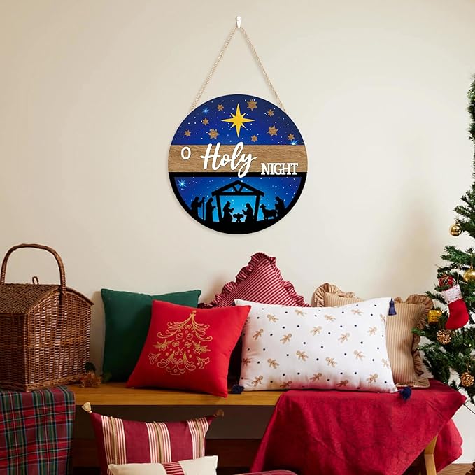CHDITB 3D O Holy Night Jesus Christmas Front Door Sign(12"x12"), Wooden Nativity Scene Christian Decoration Wall Hanging, Rustic Religious Winter Holiday Decor for Home Indoor Outdoor