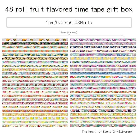 48 Rolls Fruit Theme Washi Tape Set, Writable Decorative Tapes for Scrapbooking, Bible Journaling, Bullet Journaling, 0.39"x79" per Roll